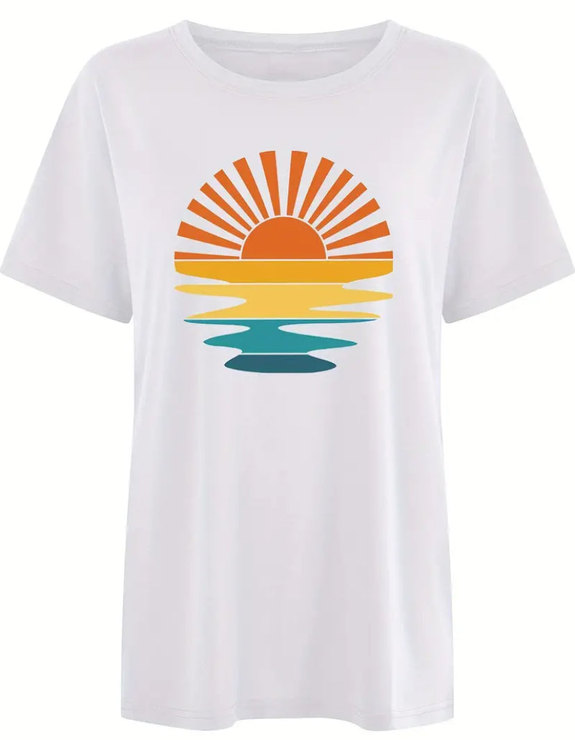Sunlight Wave Beach Print Crew Neck T-Shirt, Casual Short Sleeve.